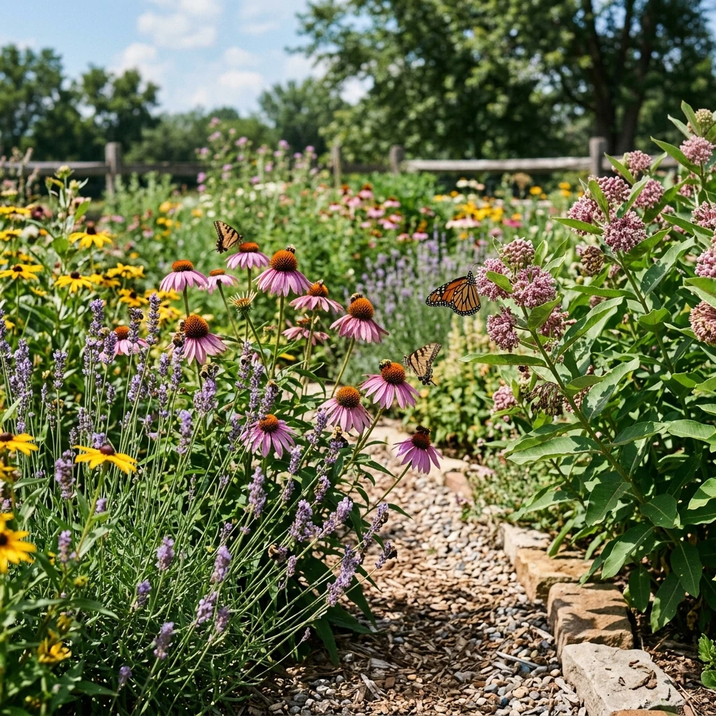 A vibrant pollinator garden with bees and butterflies visiting colorful flowers like coneflowers, lavender, and milkweed