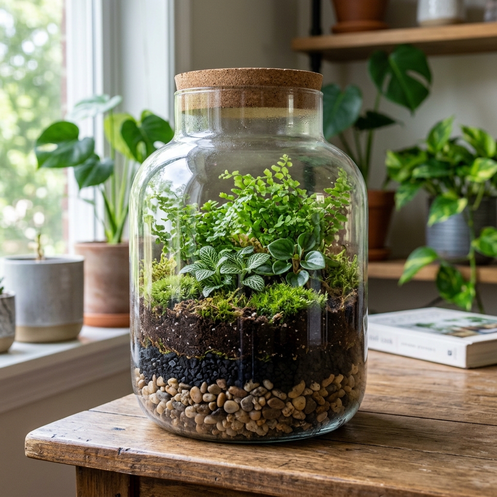 A beautifully layered terrarium in a glass container with drainage pebbles, charcoal, soil, and miniature plants like ferns and moss