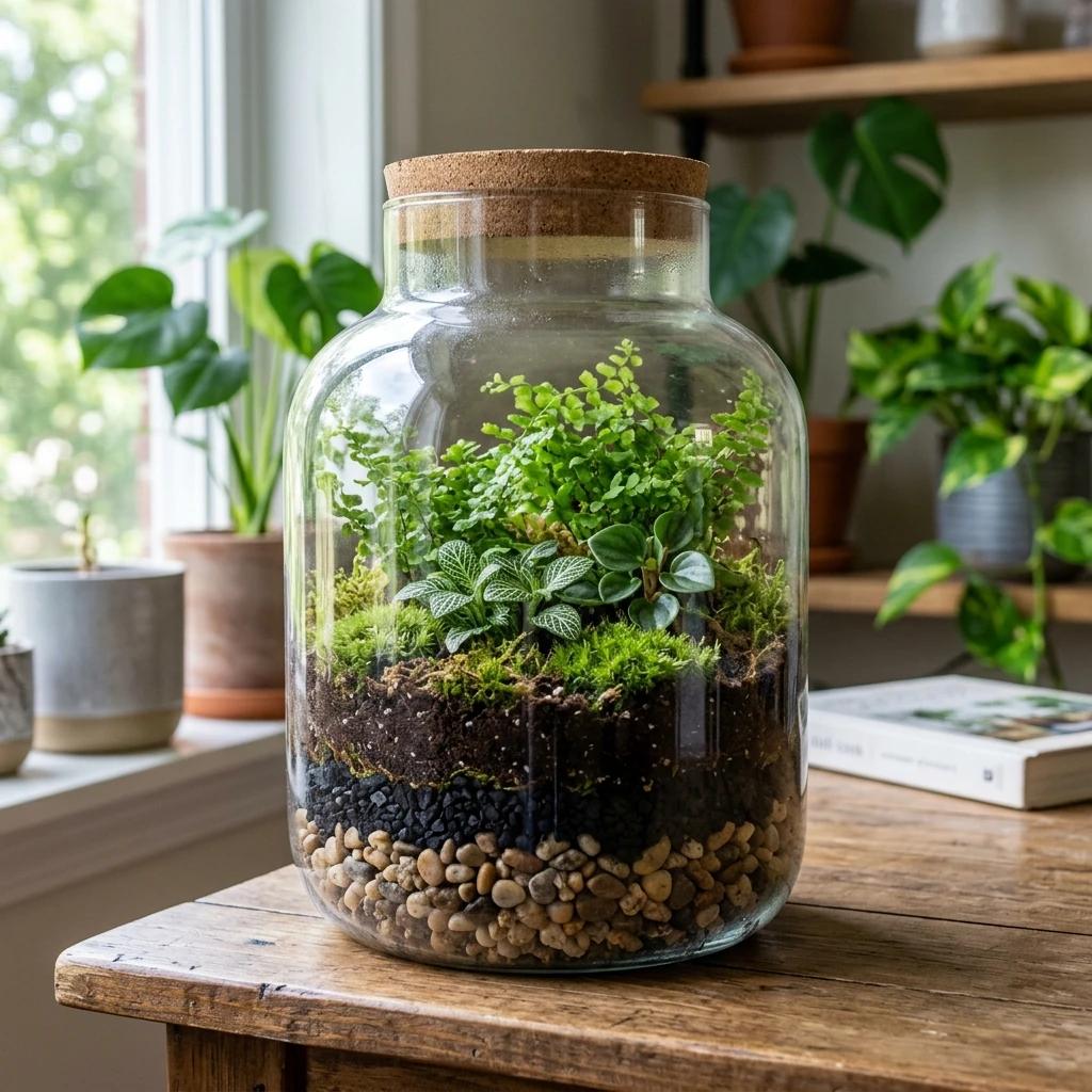 A beautifully layered terrarium in a glass container with drainage pebbles, charcoal, soil, and miniature plants like ferns and moss