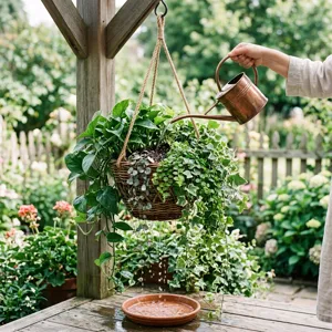 A lush hanging basket with trailing plants being watered with a long-spout watering can, showing drainage and healthy foliage
