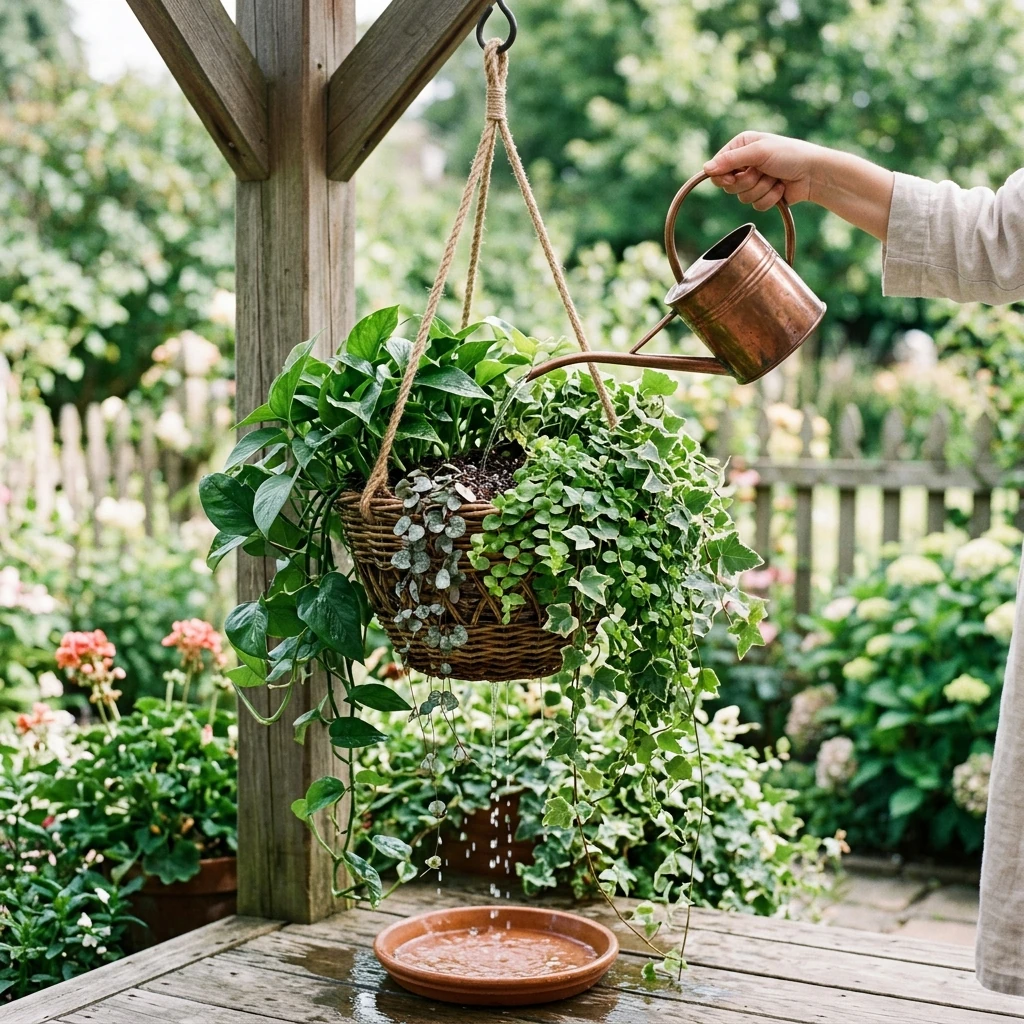 A lush hanging basket with trailing plants being watered with a long-spout watering can, showing drainage and healthy foliage