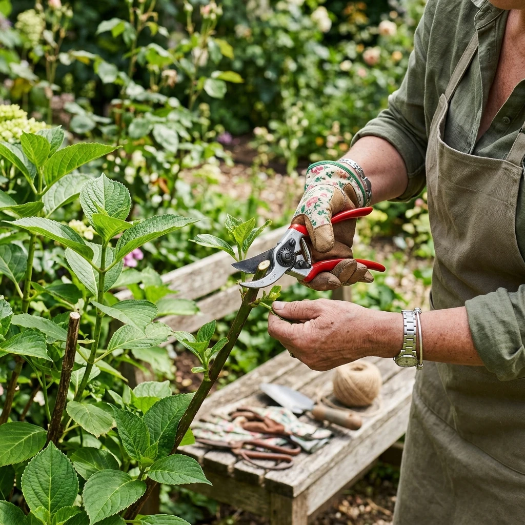 A gardener using sharp bypass pruners to make a clean cut on a plant stem just above a node, with pruning tools nearby