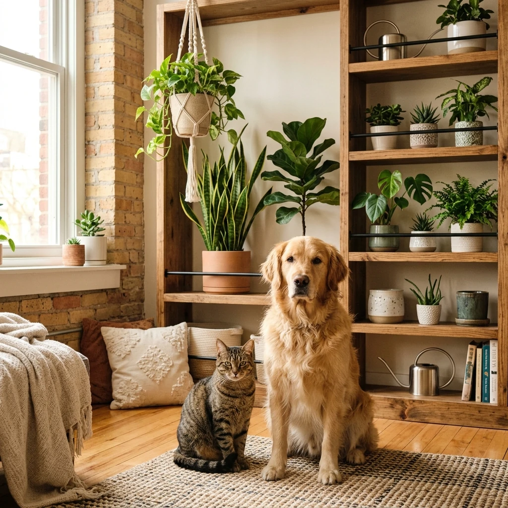 A cat and dog sitting near houseplants that are protected by physical barriers like hanging planters and shelves