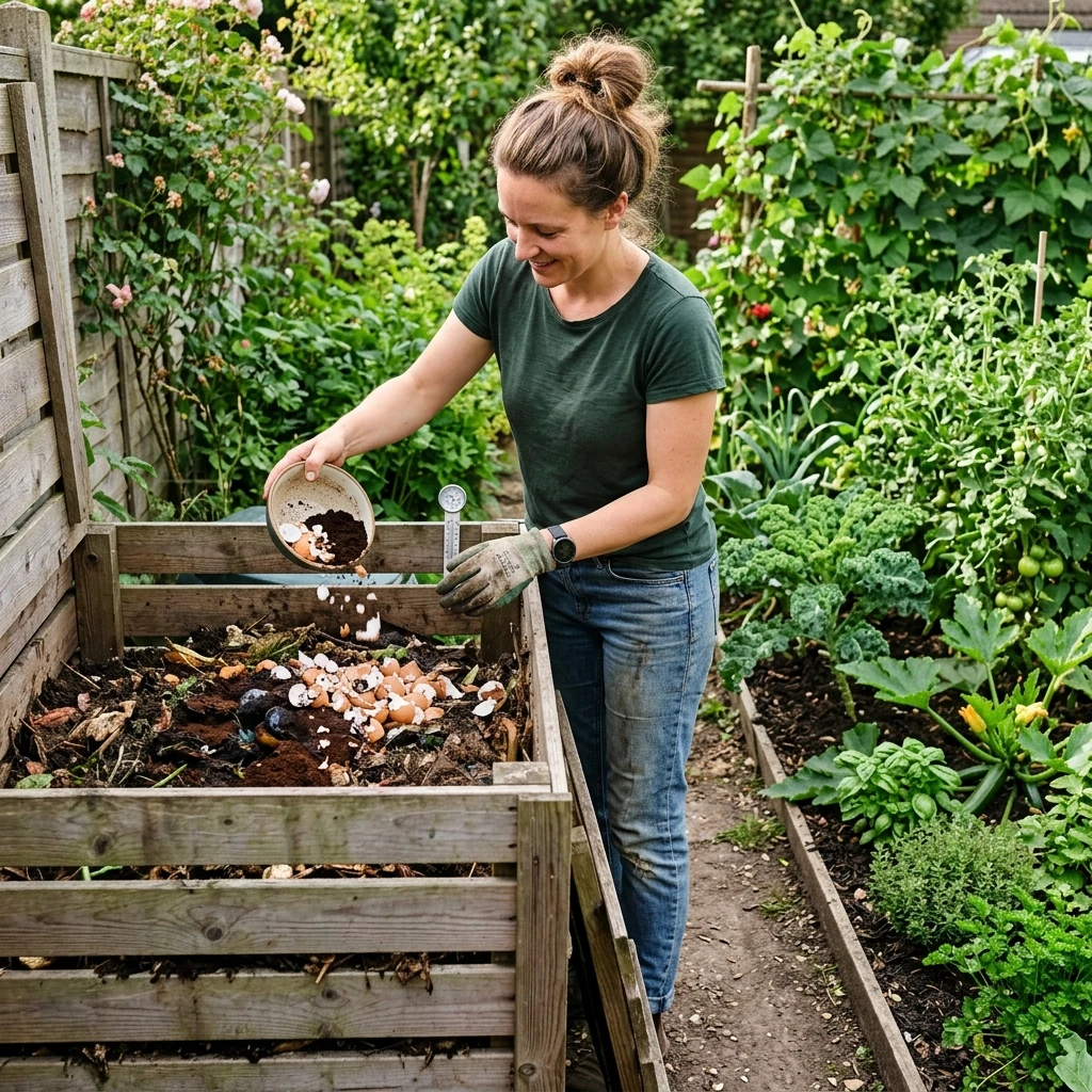 Coffee grounds and crushed eggshells in a bowl with a scoop, ready for composting or soil application