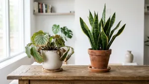 Side-by-side comparison of a wilting calathea and a healthy snake plant demonstrating drought tolerance differences