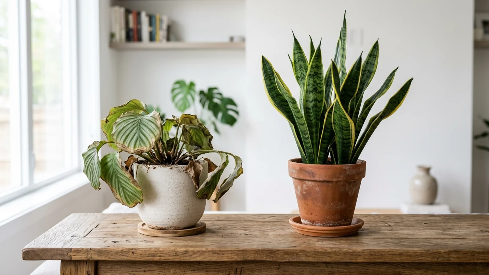 Side-by-side comparison of a wilting calathea and a healthy snake plant demonstrating drought tolerance differences