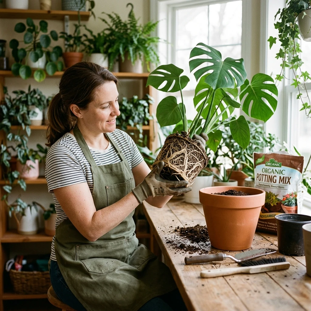 A gardener repotting a houseplant with fresh potting mix and a new pot, showing root inspection and soil preparation
