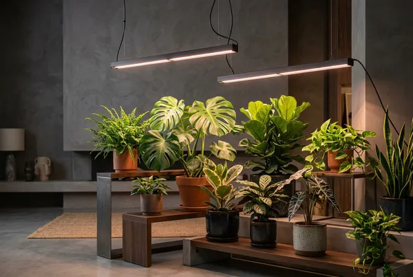 Thriving Snake Plant and Pothos under a clip-on LED grow light in a windowless home office