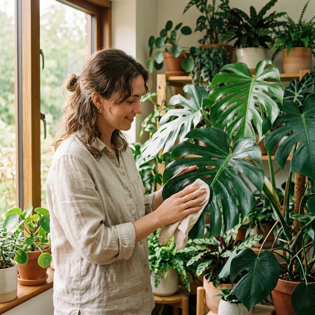 A hand wiping a large Fiddle Leaf Fig leaf with a microfiber cloth, dust removed in a stripe, bright living room