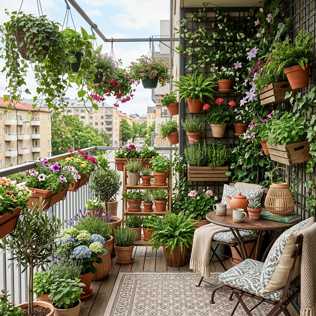 A beautifully arranged apartment balcony garden with containers, hanging plants, and a small seating area, showing vertical use of space