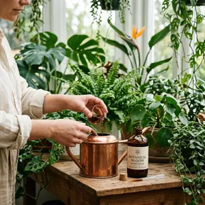 Hands measuring liquid fertilizer into a watering can with houseplants in the background