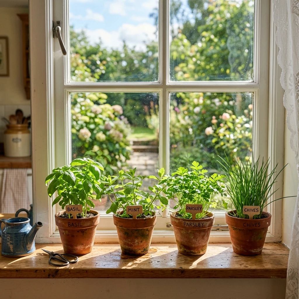 A bright kitchen windowsill with small terracotta pots of basil, mint, parsley, and chives, with sunlight streaming in
