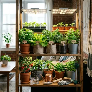 Indoor vegetable garden setup with grow lights, compact plants in containers, and watering tools on a shelf