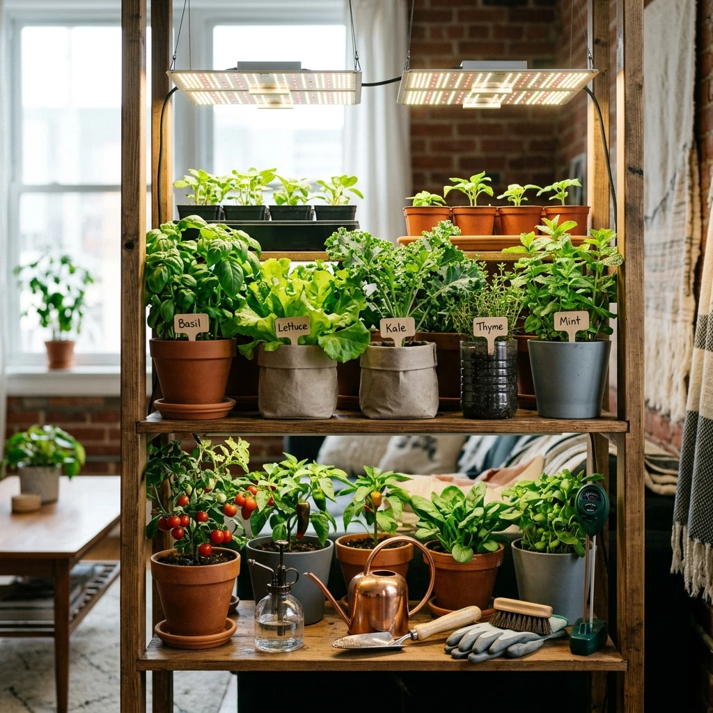 Indoor vegetable garden setup with grow lights, compact plants in containers, and watering tools on a shelf