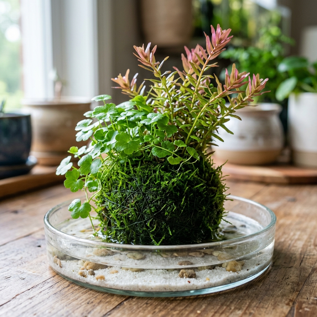 Finished wabi-kusa moss-wrapped substrate ball planted with Hydrocotyle and Rotala in a shallow glass dish