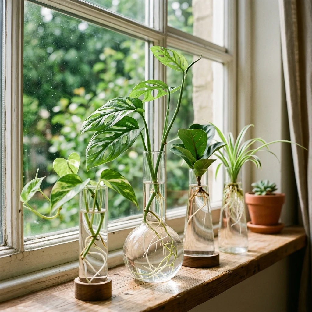 Houseplant cuttings rooting in clear glass propagation tubes filled with water on a bright windowsill
