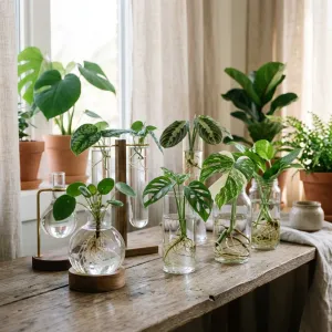 Glass jars with Pothos cuttings rooting in water on a bright kitchen windowsill next to a Spider Plant