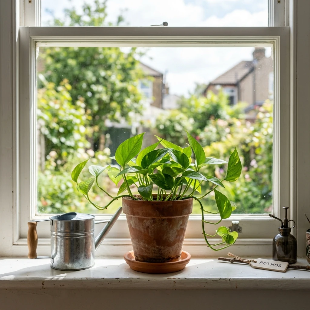 A simple beginner plant setup on a bright windowsill with a small pothos, terracotta pot, and watering can