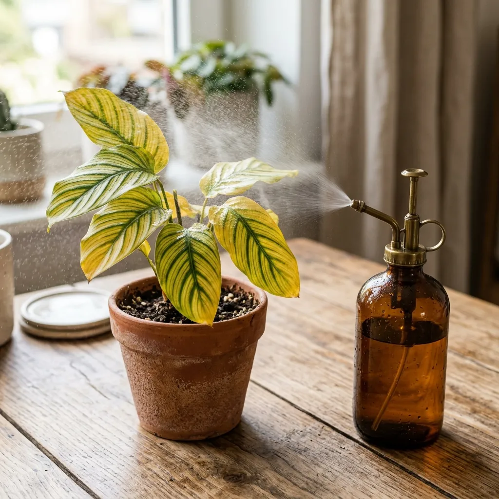 Applying chelated iron foliar spray to a plant with yellowing leaves and green veins