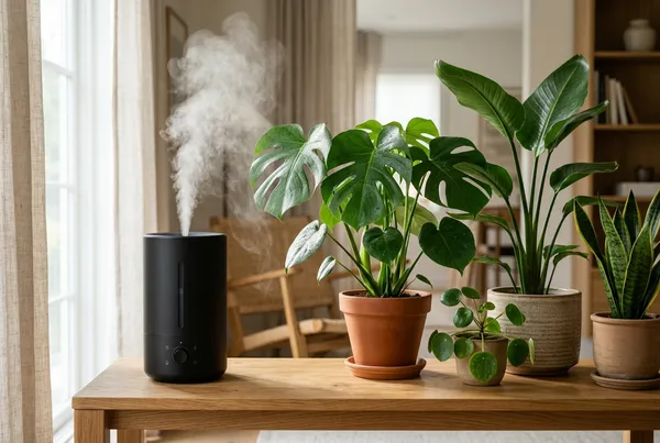 Pebble tray filled with water beneath a terracotta pot holding a Calathea with patterned leaves on a wooden shelf