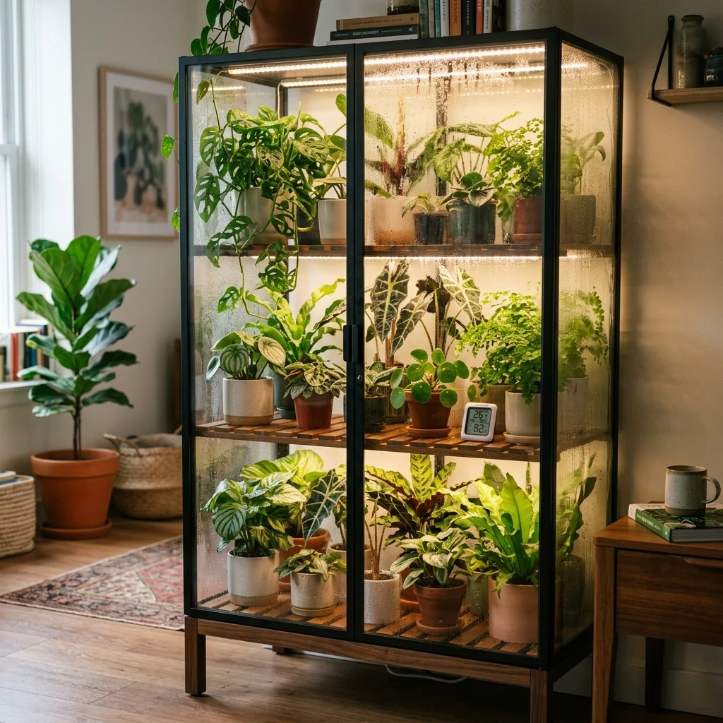 A stylish glass indoor greenhouse cabinet filled with tropical houseplants with condensation on the glass