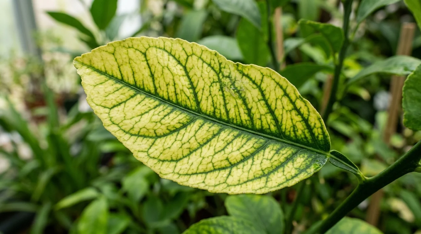 Leaf with interveinal iron chlorosis showing yellow leaf surface and green veins - PlantSolve Guide