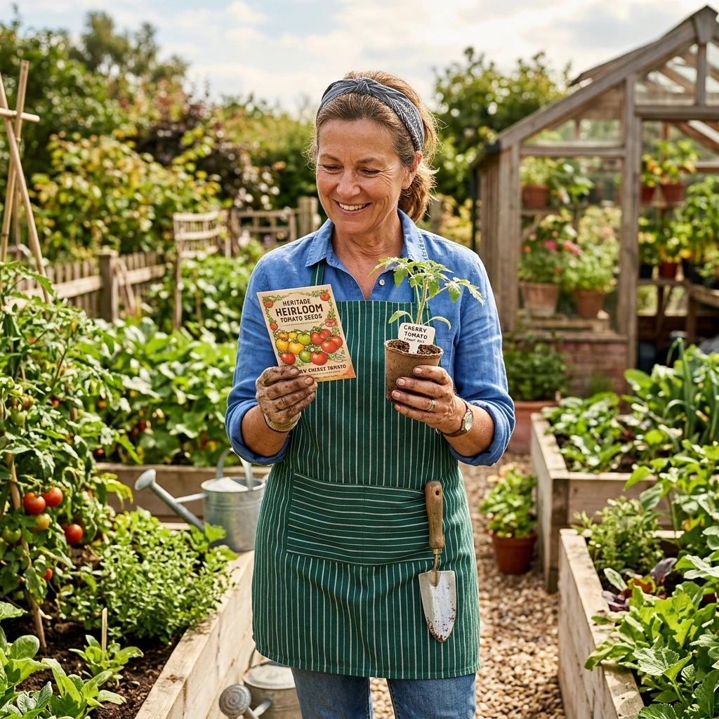 A gardener holding a packet of seeds in one hand and a small starter plant in the other, comparing options