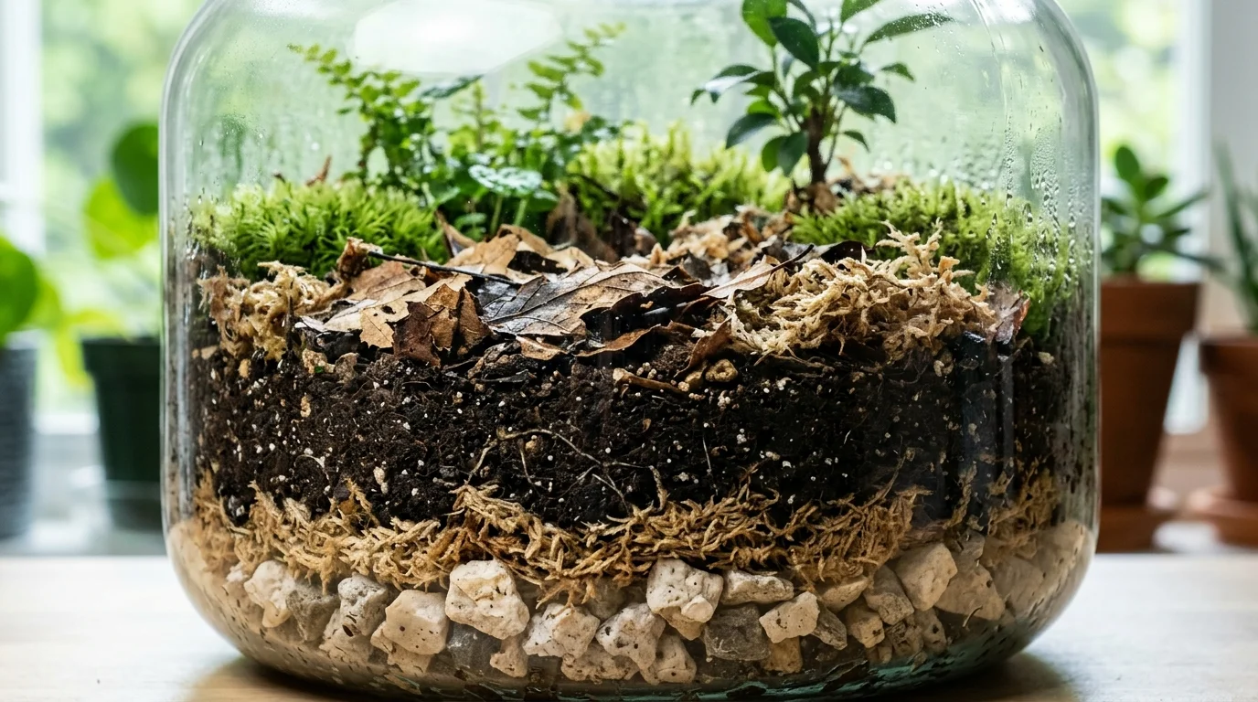 Isopod bioactive substrate layers with leaf litter and moss