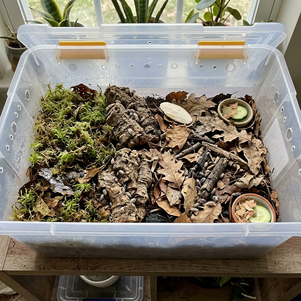 Isopod terrarium with a damp sphagnum hydration zone, cork bark hides and a dry leaf litter foraging area in a ventilated plastic tote