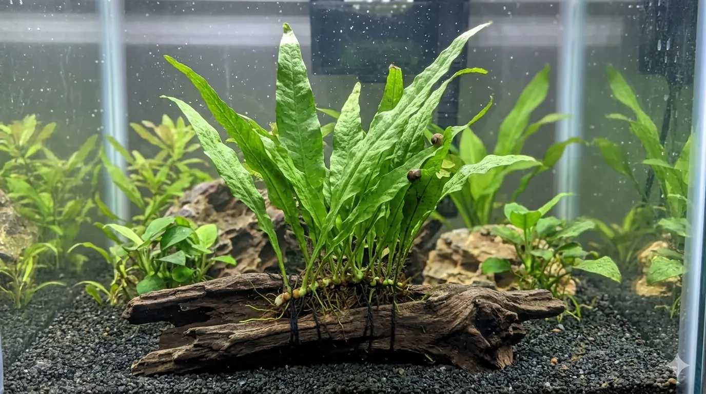 Healthy Java Fern (Microsorum pteropus) attached to driftwood in a planted freshwater aquarium