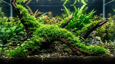 Vibrant green Java Moss carpet attached to driftwood in a planted freshwater aquarium