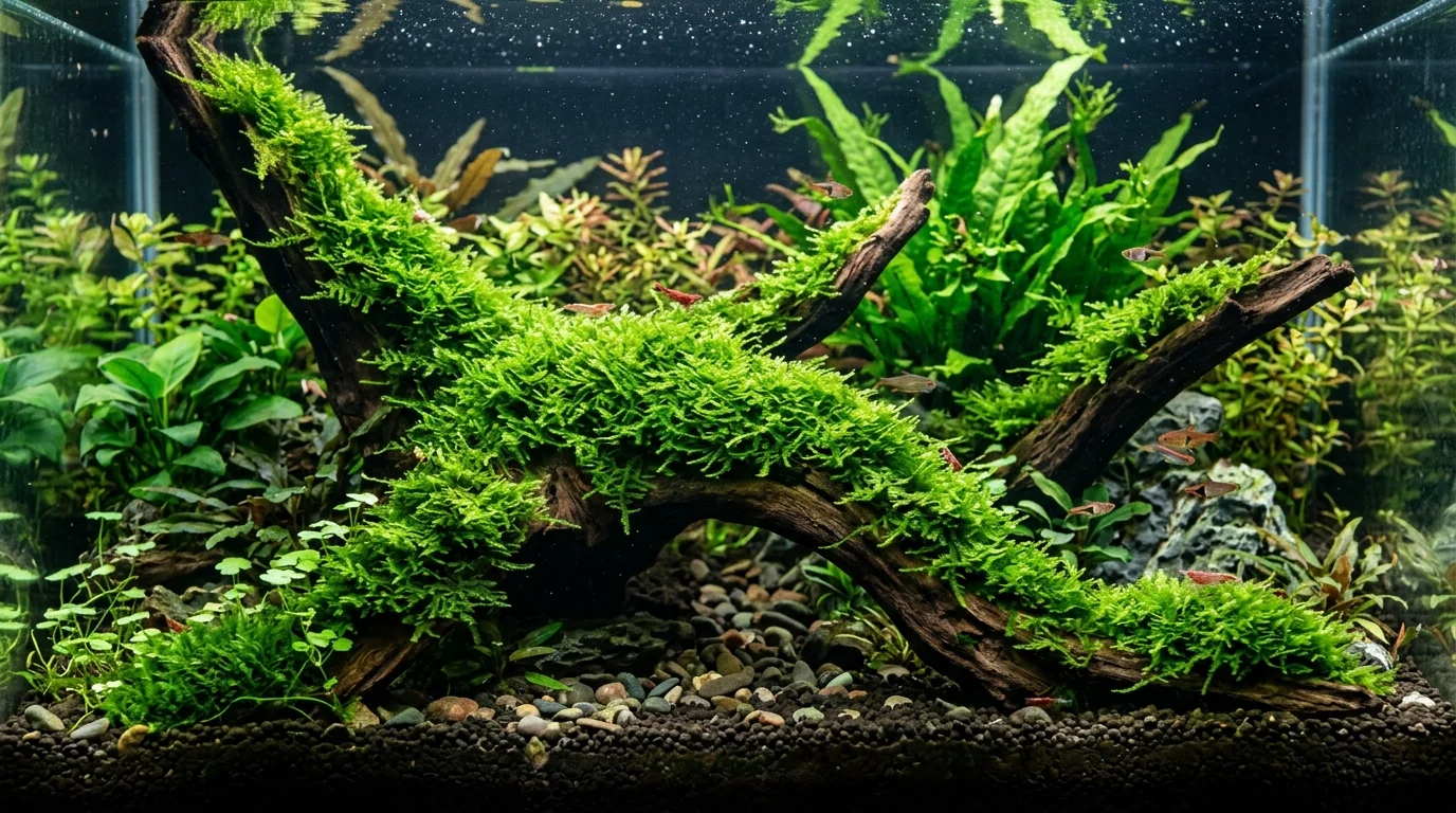 Vibrant green Java Moss carpet attached to driftwood in a planted freshwater aquarium
