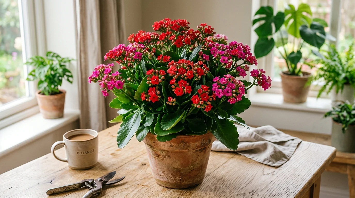 Flowering kalanchoe plant with clusters of red and pink blooms on glossy scalloped leaves
