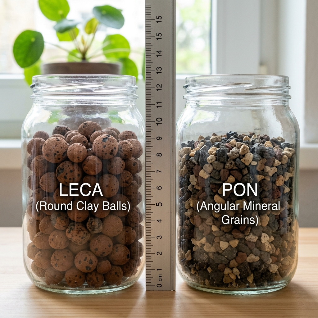 Side-by-side comparison of round LECA clay balls and angular grey Pon mineral grains in two clear jars with a ruler