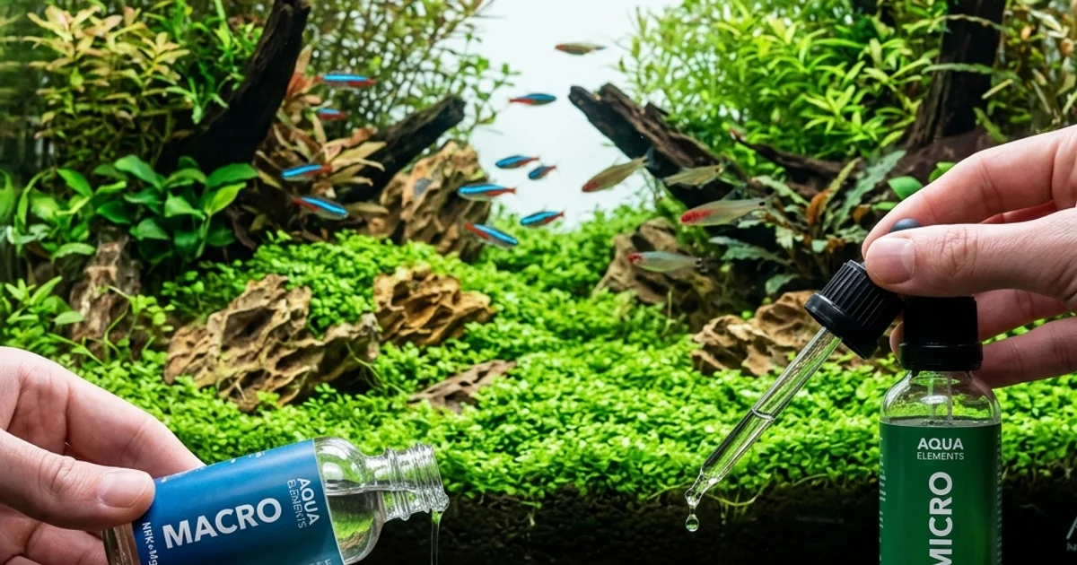 A planted aquarium with lush green carpeting plants and a dropper bottle of macro fertilizer being added to the water