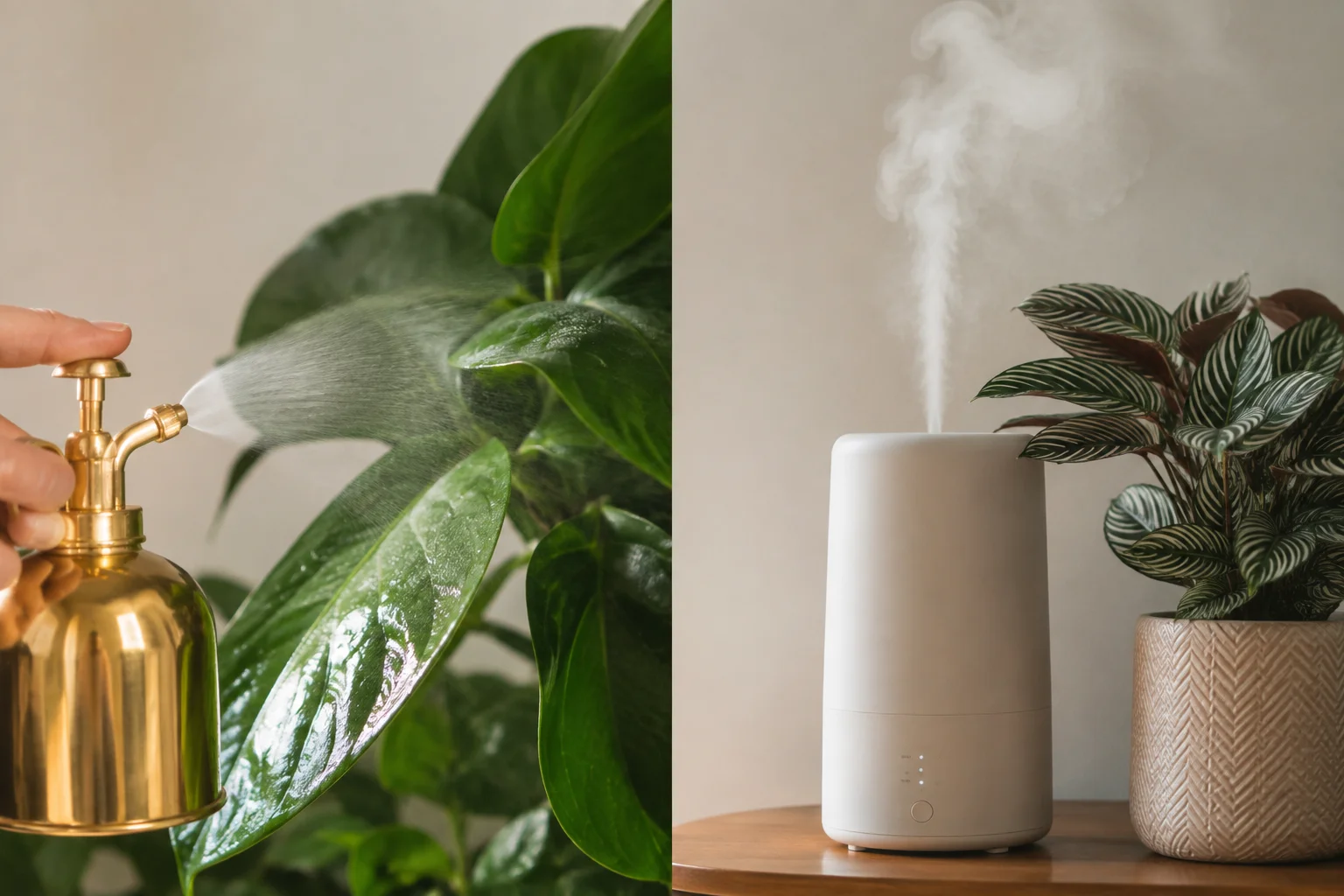 A hand misting a tropical houseplant beside a room humidifier