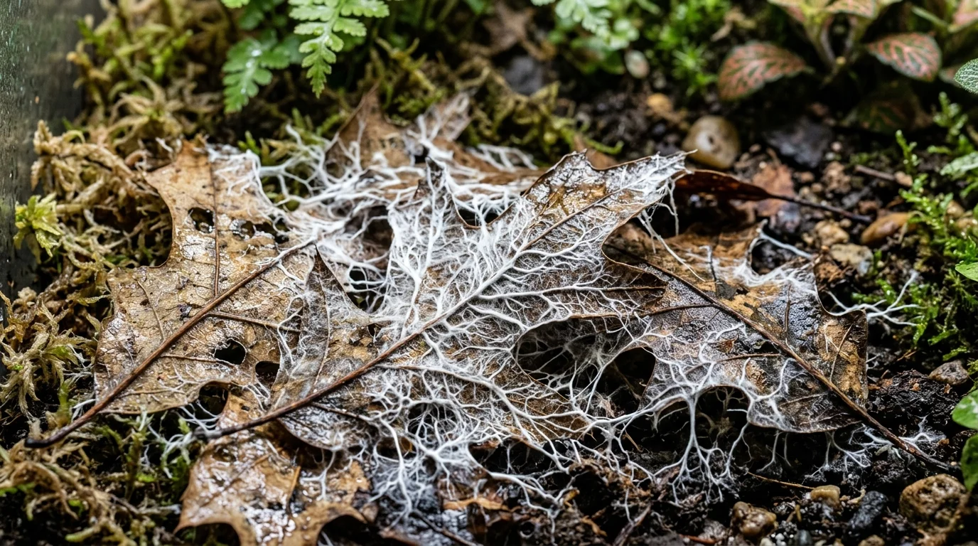 Fungal growth developing on leaf litter and wood in a humid bioactive terrarium
