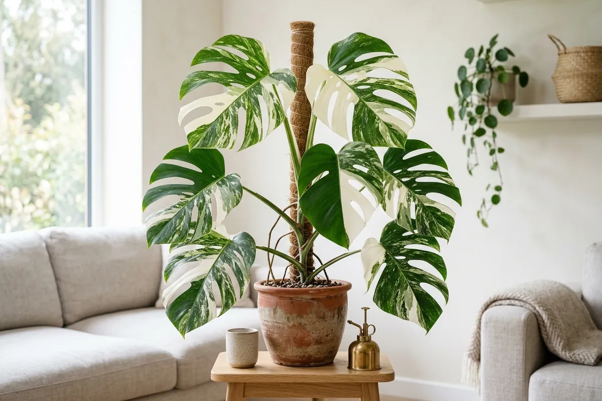 Mature Monstera Albo climbing a moss pole with several split, half-white variegated leaves in a bright living room.