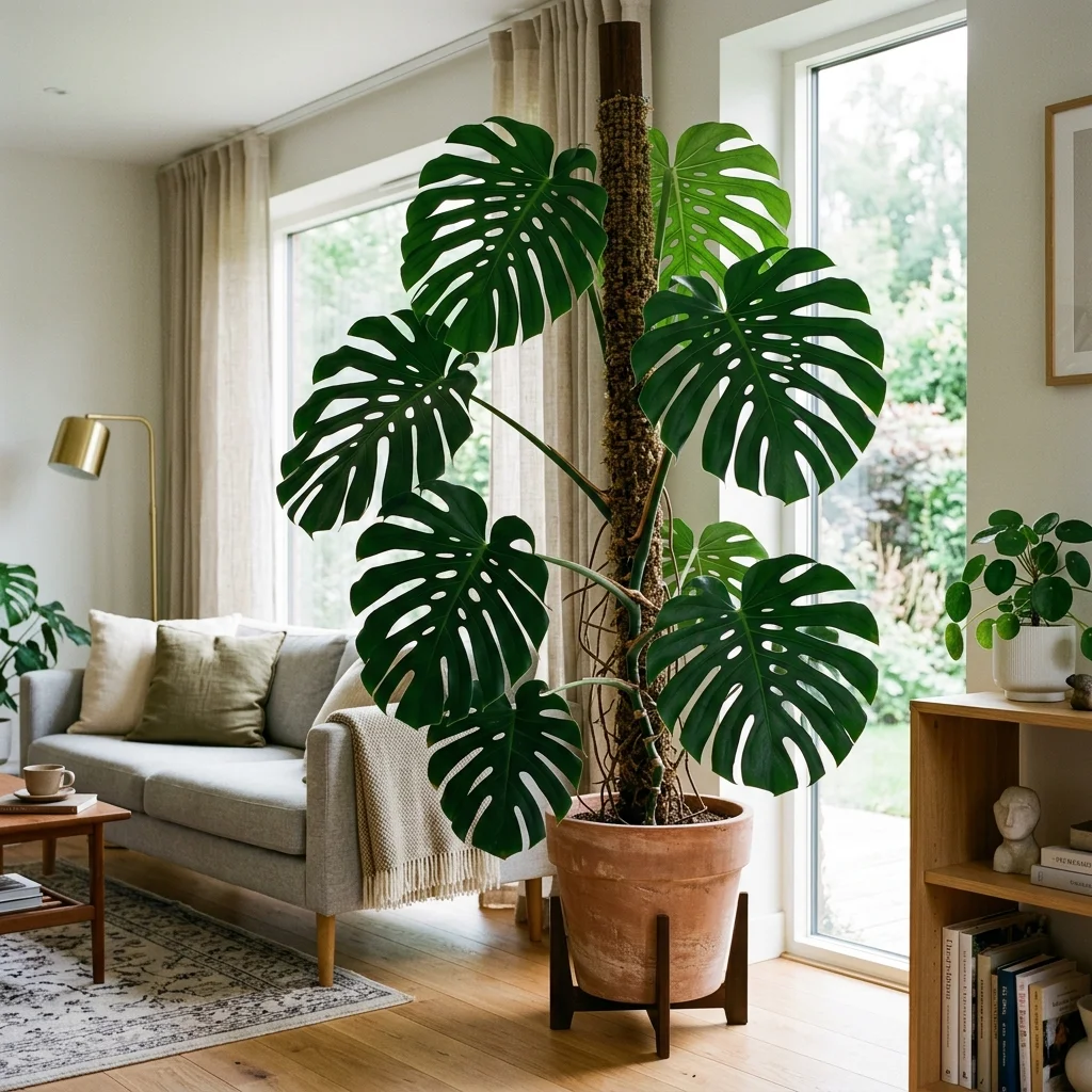 Large mature Monstera deliciosa with deeply split fenestrated leaves on a moss pole in a bright modern living room