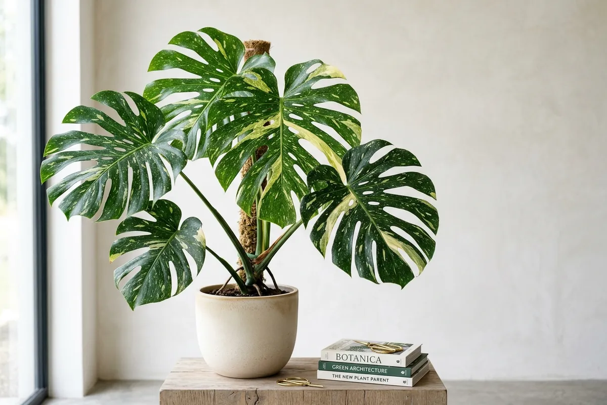 Mature Monstera Thai Constellation climbing a moss pole with consistently speckled variegated leaves in a bright room.