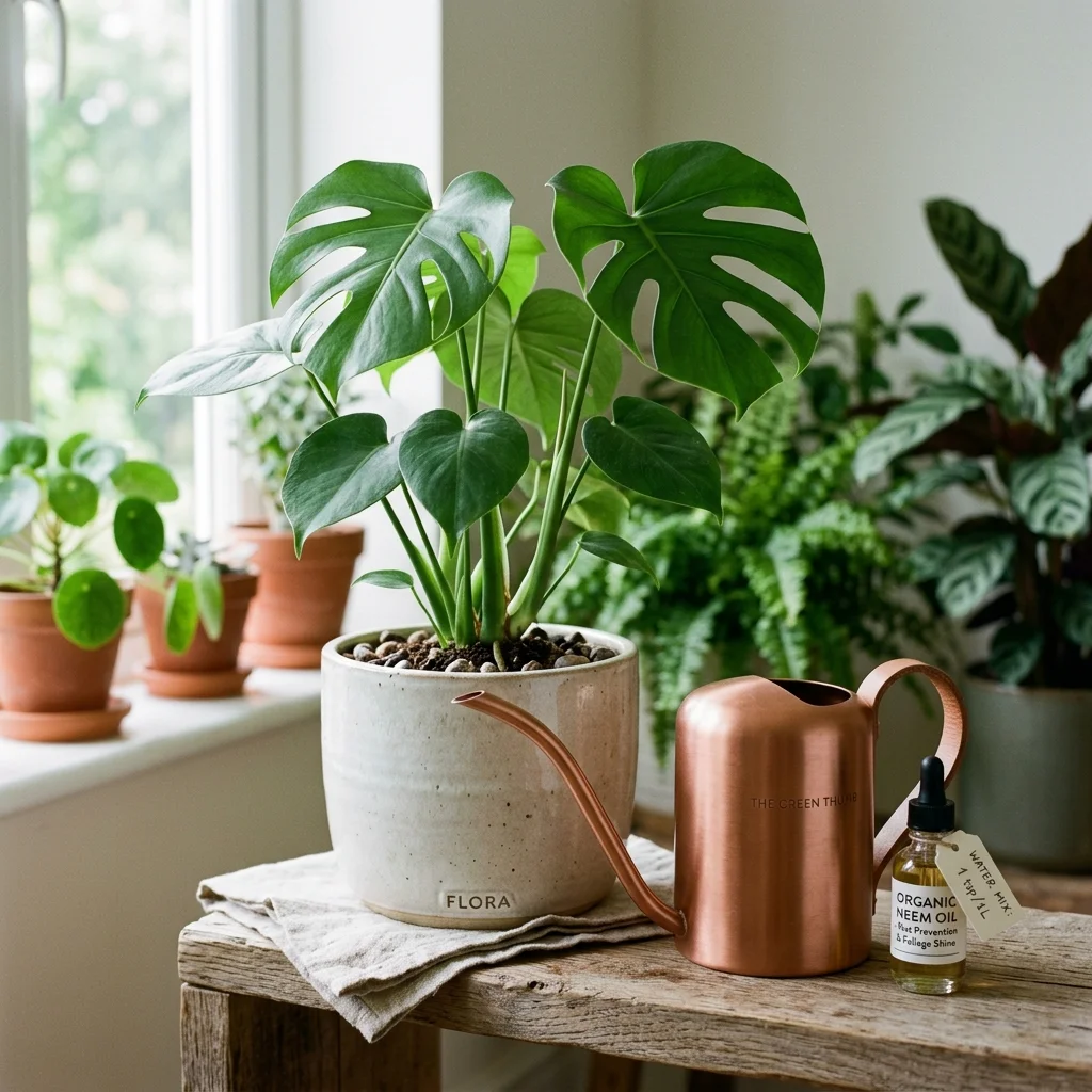 A mosquito dunk floating in a watering can, next to a healthy Pothos, with a yellow sticky trap showing captured gnats
