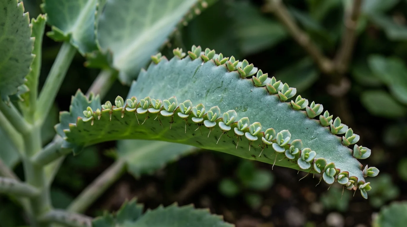 Mother of thousands plant with plantlets growing along the edges of broad blue-green leaves