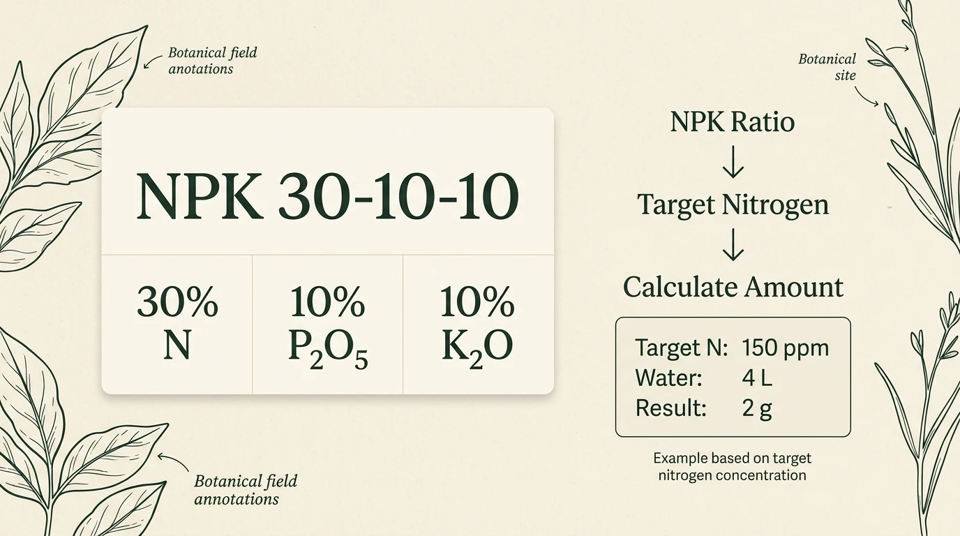 Botanical illustration of NPK 30-10-10 fertilizer calculator steps showing 3:1:1 ratio and calculation flow