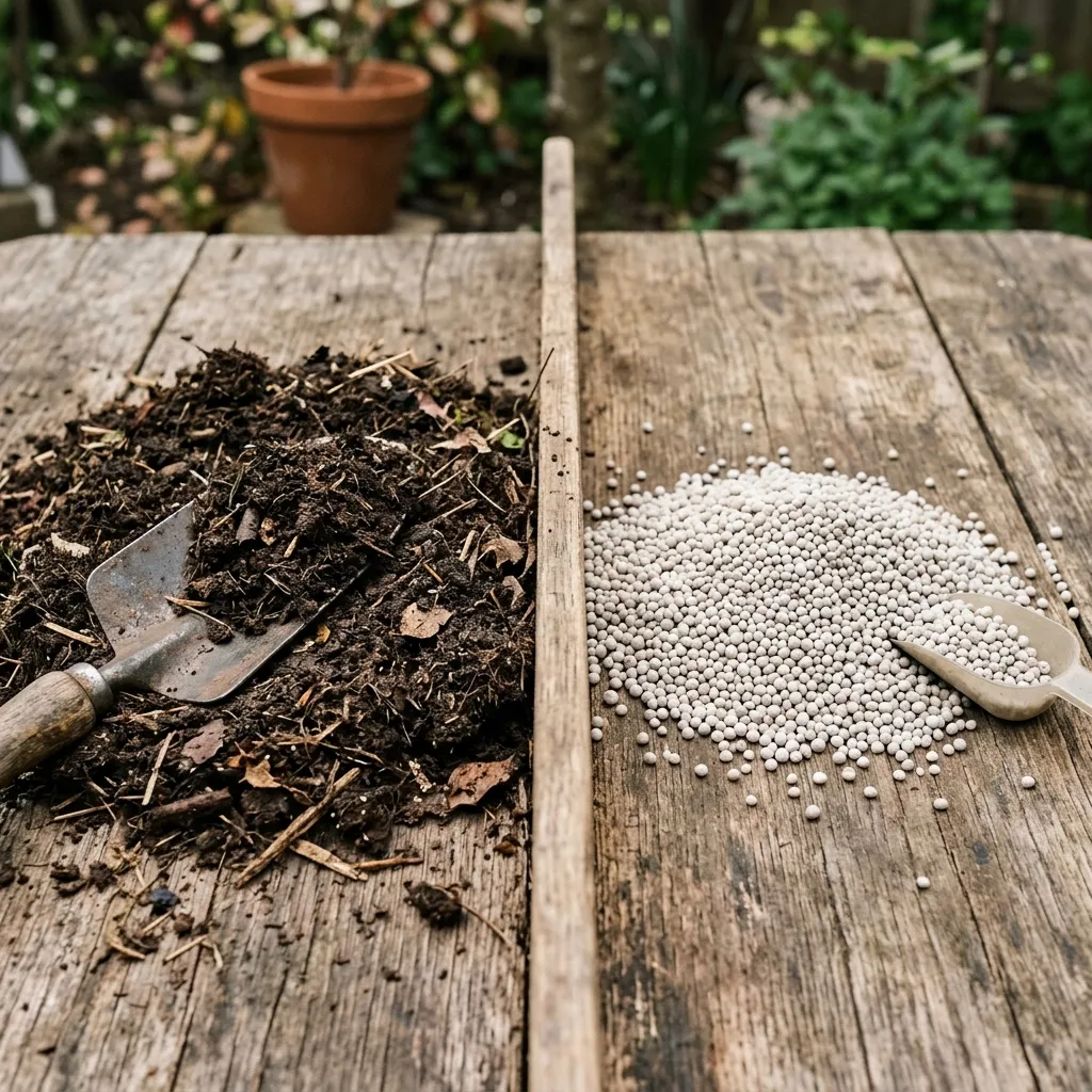 Side by side comparison of organic compost and synthetic fertilizer granules