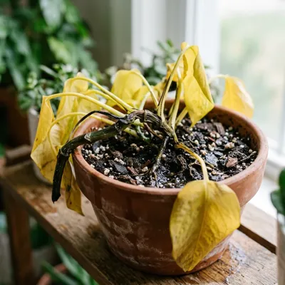 A person checking the damp, soggy soil of a wilting houseplant, diagnosing overwatering