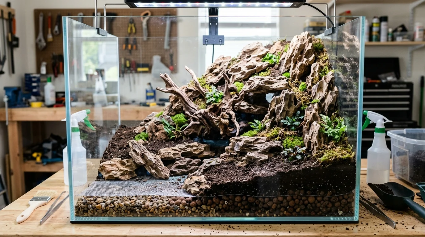 Step by step paludarium construction showing the drainage layer, soil, and hardscape placement