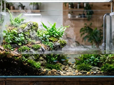 Cross-section of a paludarium showing land zone, false bottom void, open water and hardscape