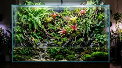 Paludarium planted with terrestrial, emergent, and humid-zone plants around a land and water habitat