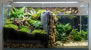Cross-section of a paludarium land-to-water barrier showing eggcrate false bottom, geotextile mesh and drainage layer