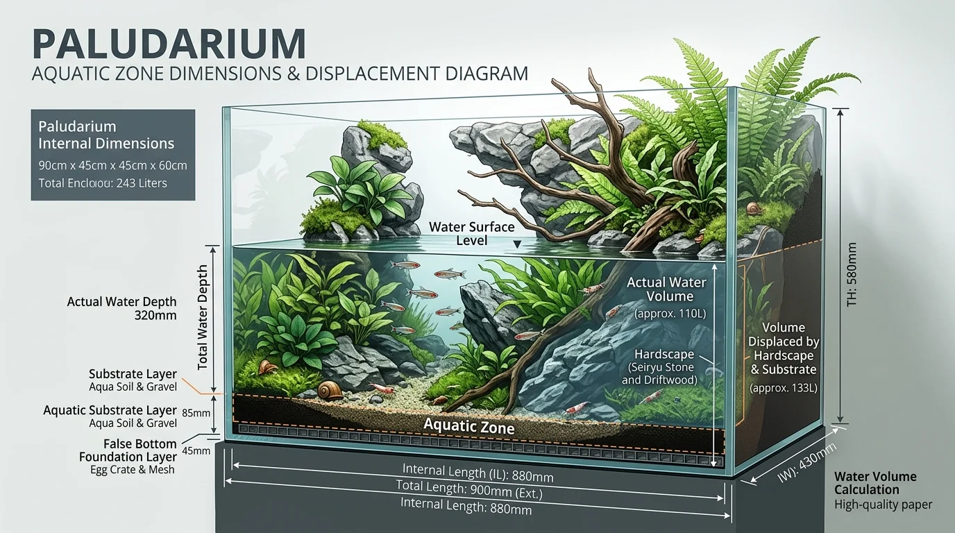 Paludarium Aquatic Zone Dimension and Displacement Diagram